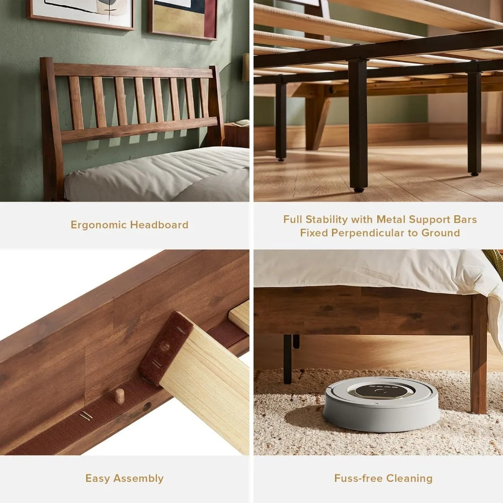 Solid Acacia Wood Platform Bed Frame, Mid Century Modern, Easy Assembly