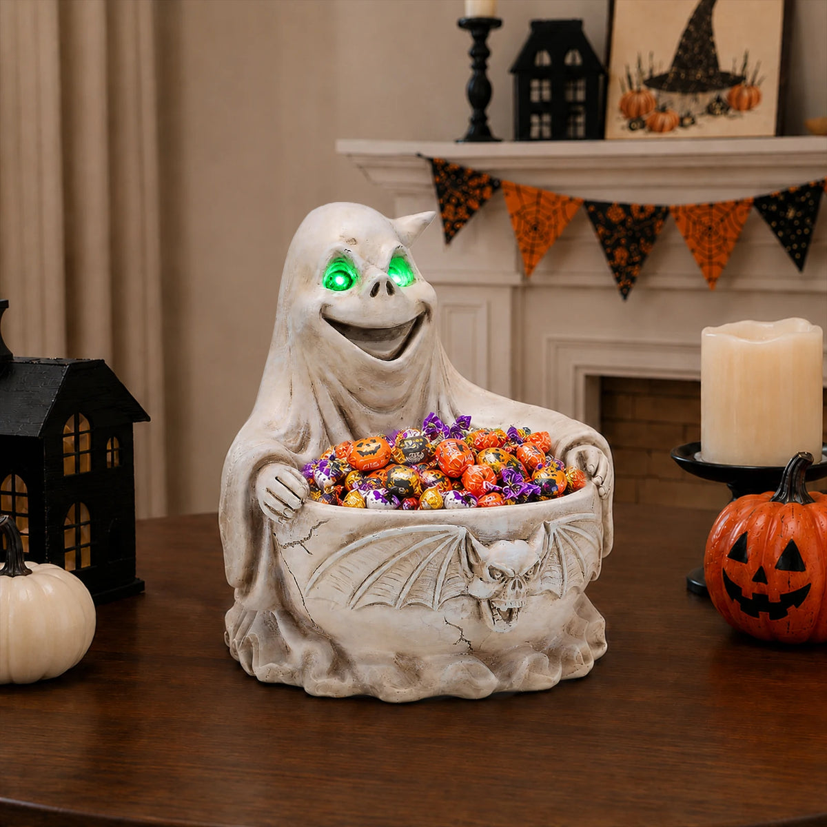 Halloween Ghost Candy Bowl with LED Eyes and Bat Decor