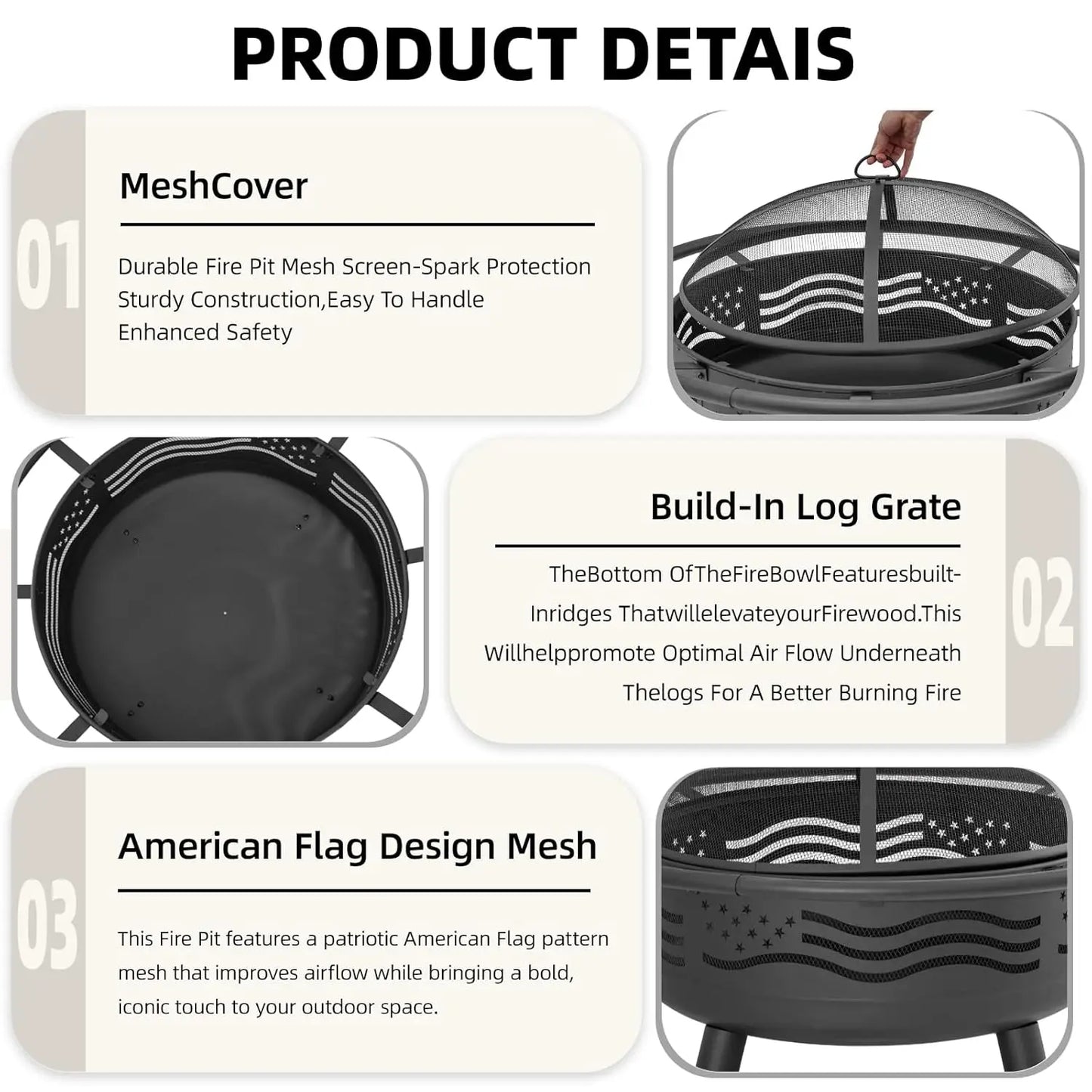 American Flag Fire Pit With Mesh Cover And Poker For Patio
