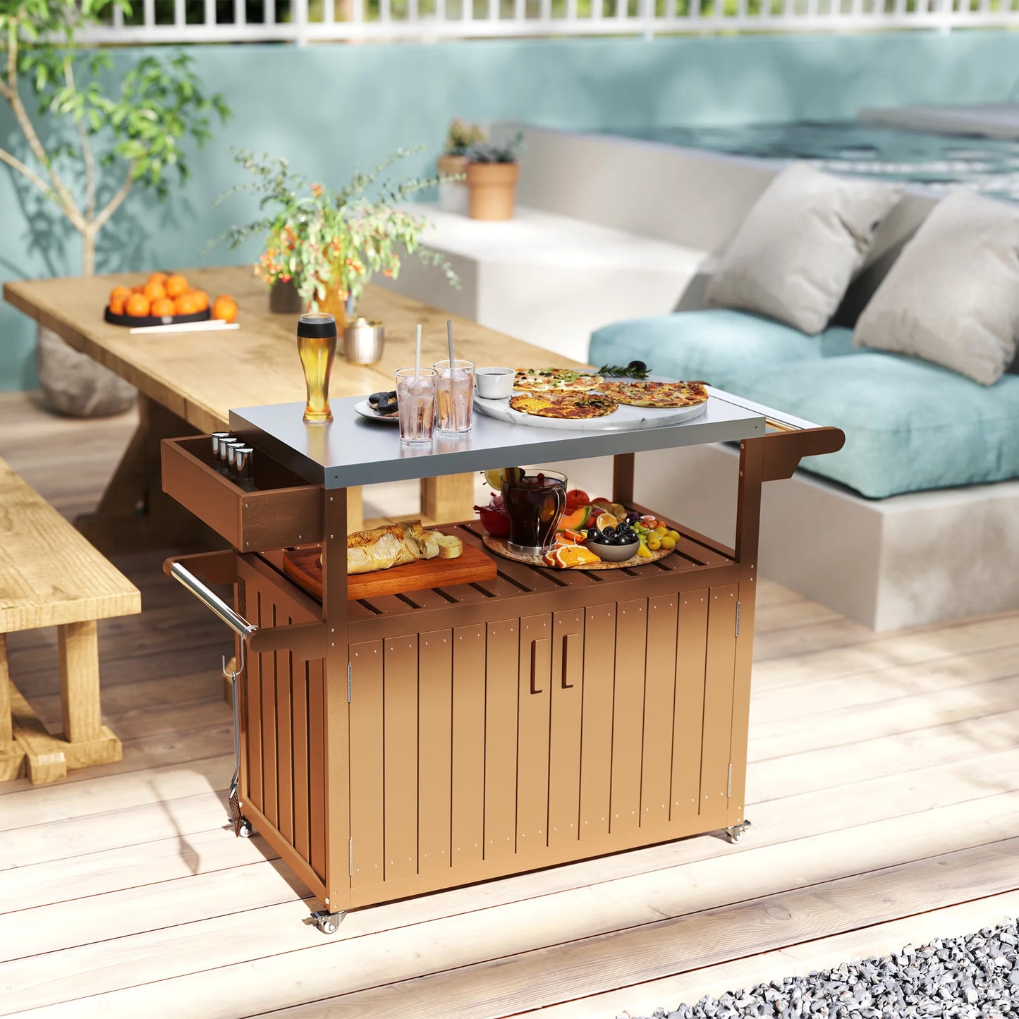 Outdoor Bar Cart With Storage HDPE Outdoor Kitchen Cart