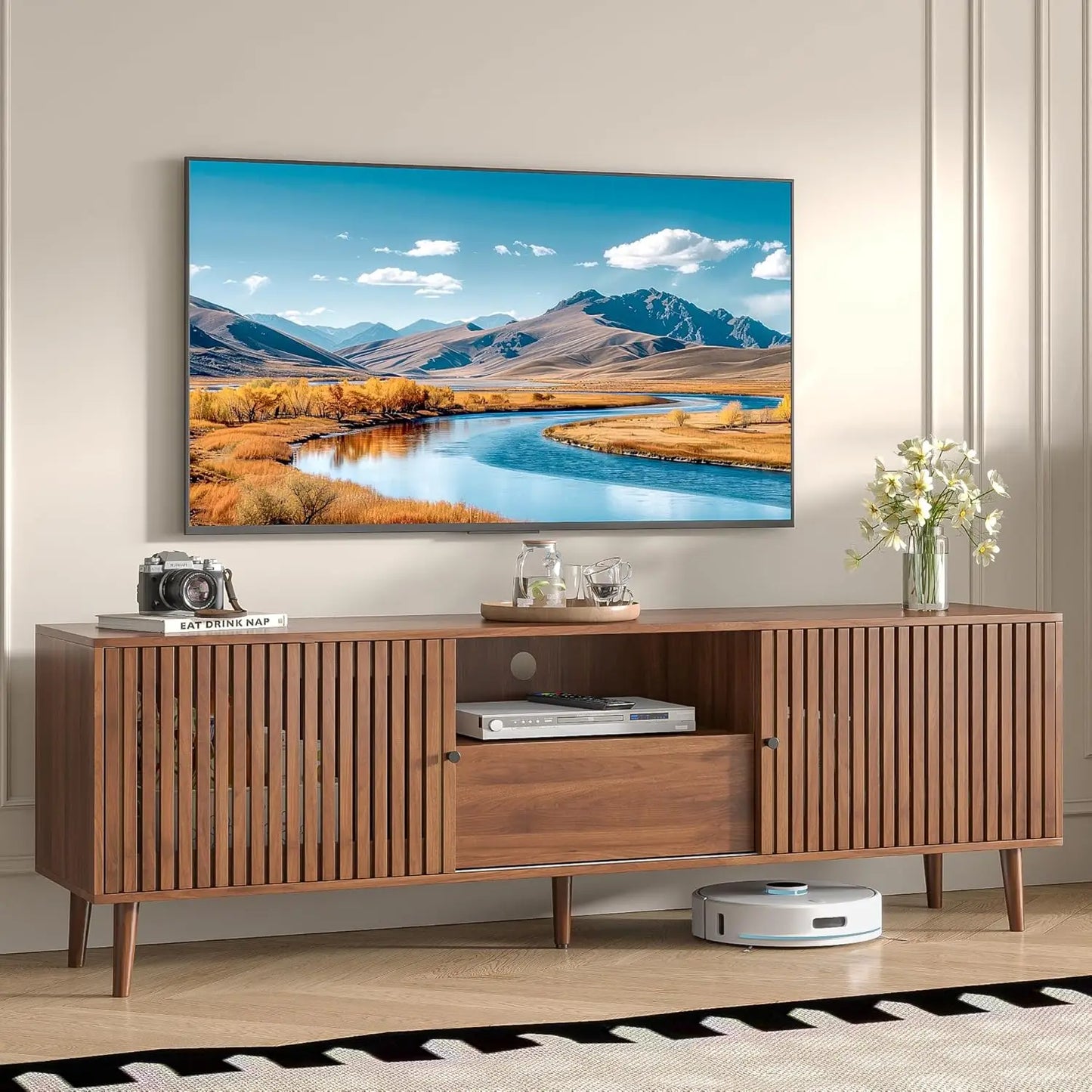 Mid Century Modern TV Stand With Sliding Doors And Storage