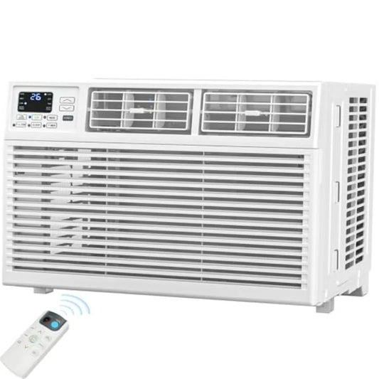 Window air conditioner for home use, white ABS plastic, 8000 BTU cooling capacity, 6-in-1 modes with remote, energy-saving, coo