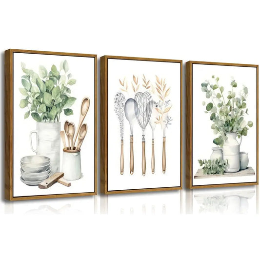 Farmhouse Kitchen Canvas Wall Art Sage Green Plants Eucalyptus Leaves