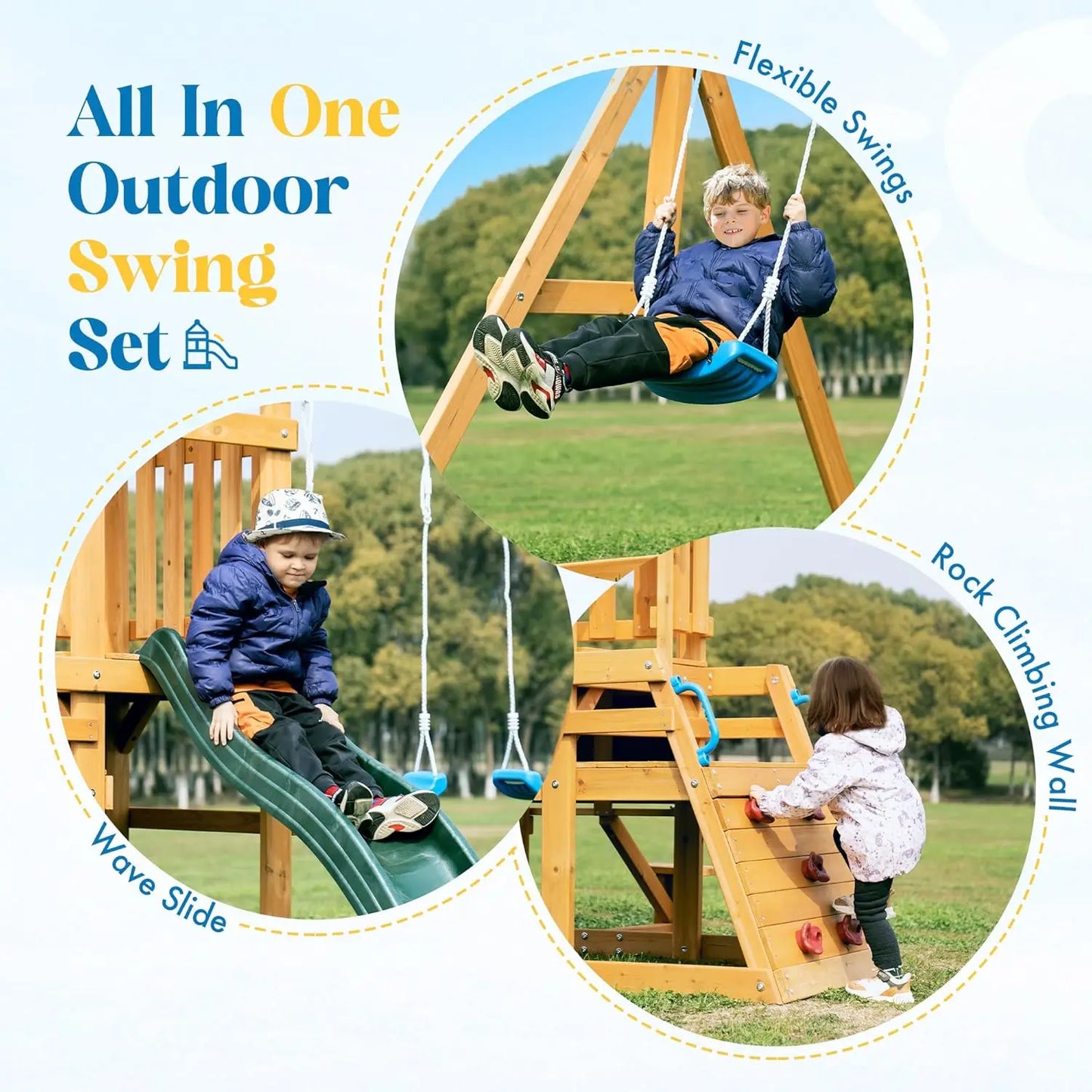 Rolife Wooden Swing Set For Kids With Climbing Wall Outdoor
