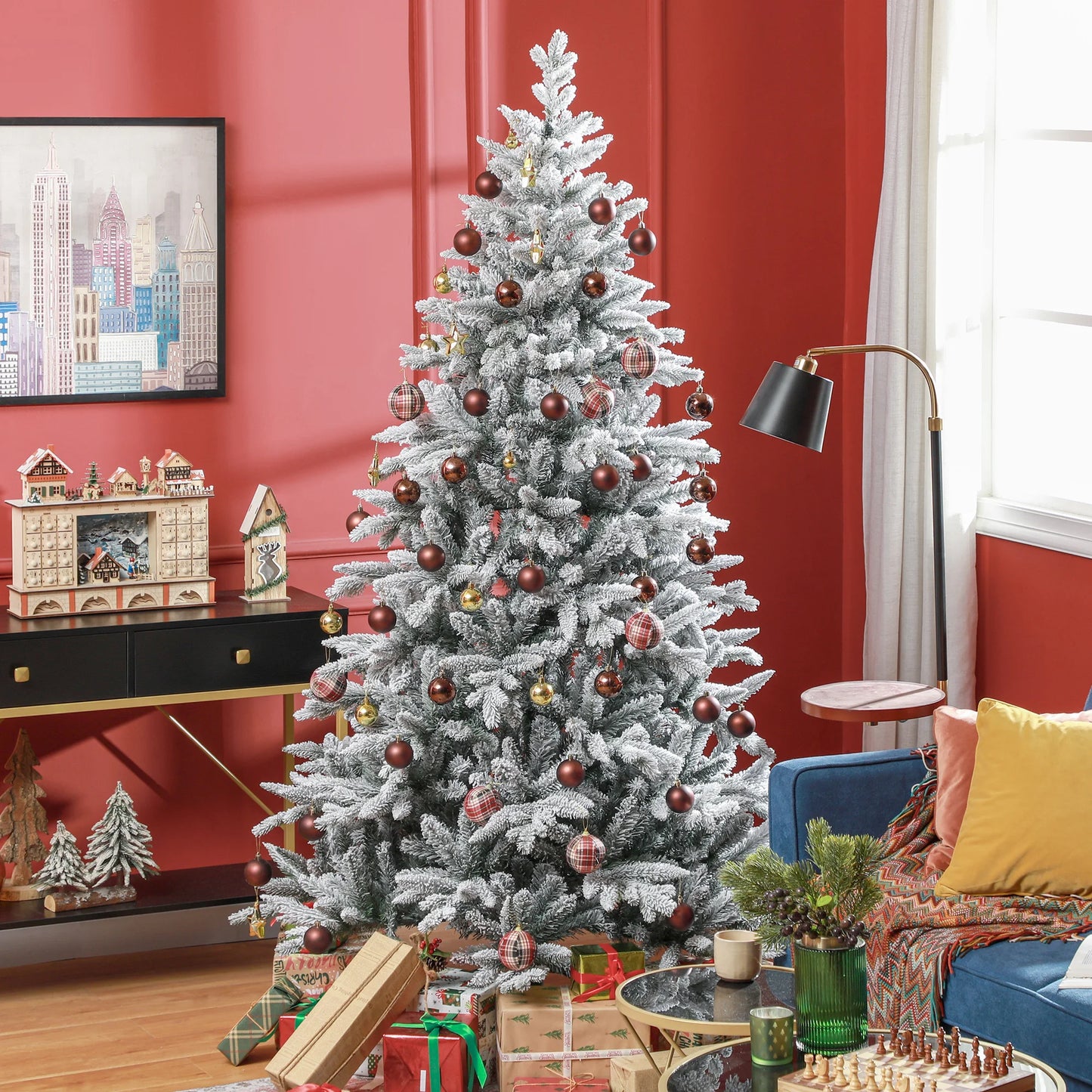 Snow Flocked Artificial Christmas Tree With 1401 Tips Hinged Stand