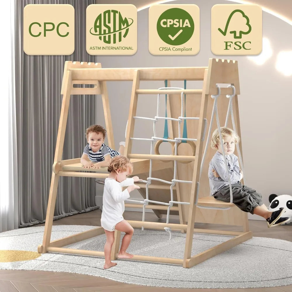 Indoor Toddler Climber Playset 8 In 1 Wood Jungle Gym