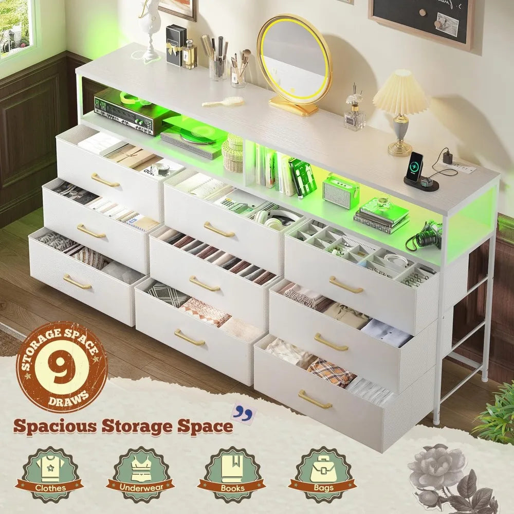 Long Dresser TV Stand With Nine Drawers And Outlets
