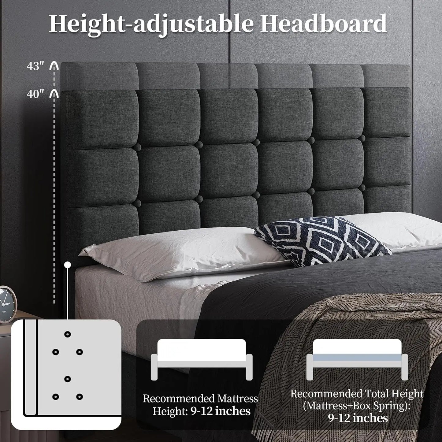 Upholstered Bed Frame With Adjustable Headboard And Square Tufting