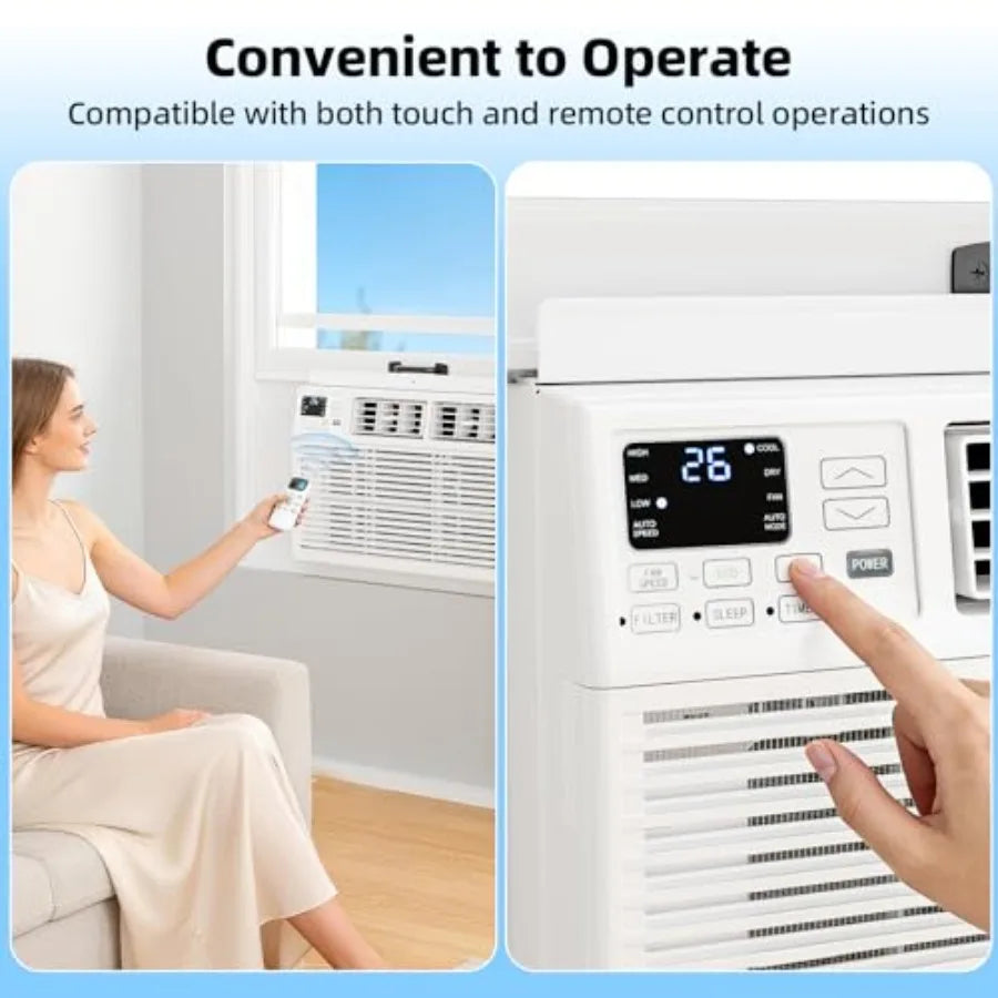 Window air conditioner for home use, white ABS plastic, 8000 BTU cooling capacity, 6-in-1 modes with remote, energy-saving, coo
