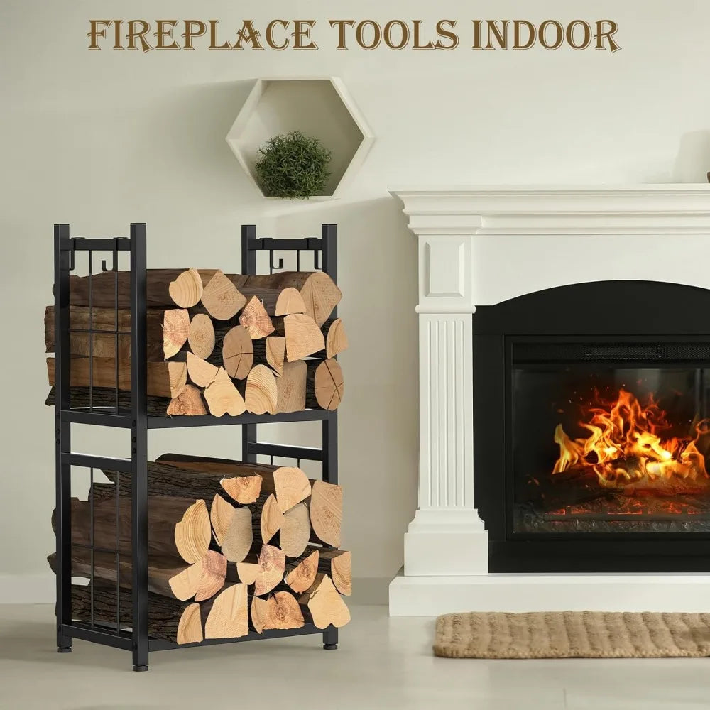 2-Tier Firewood Holder with 4 Hooks Heavy Duty Indoor Outdoor Rack for Fireplace, Fire Pits,Stoves Black Wood Storage Organizer