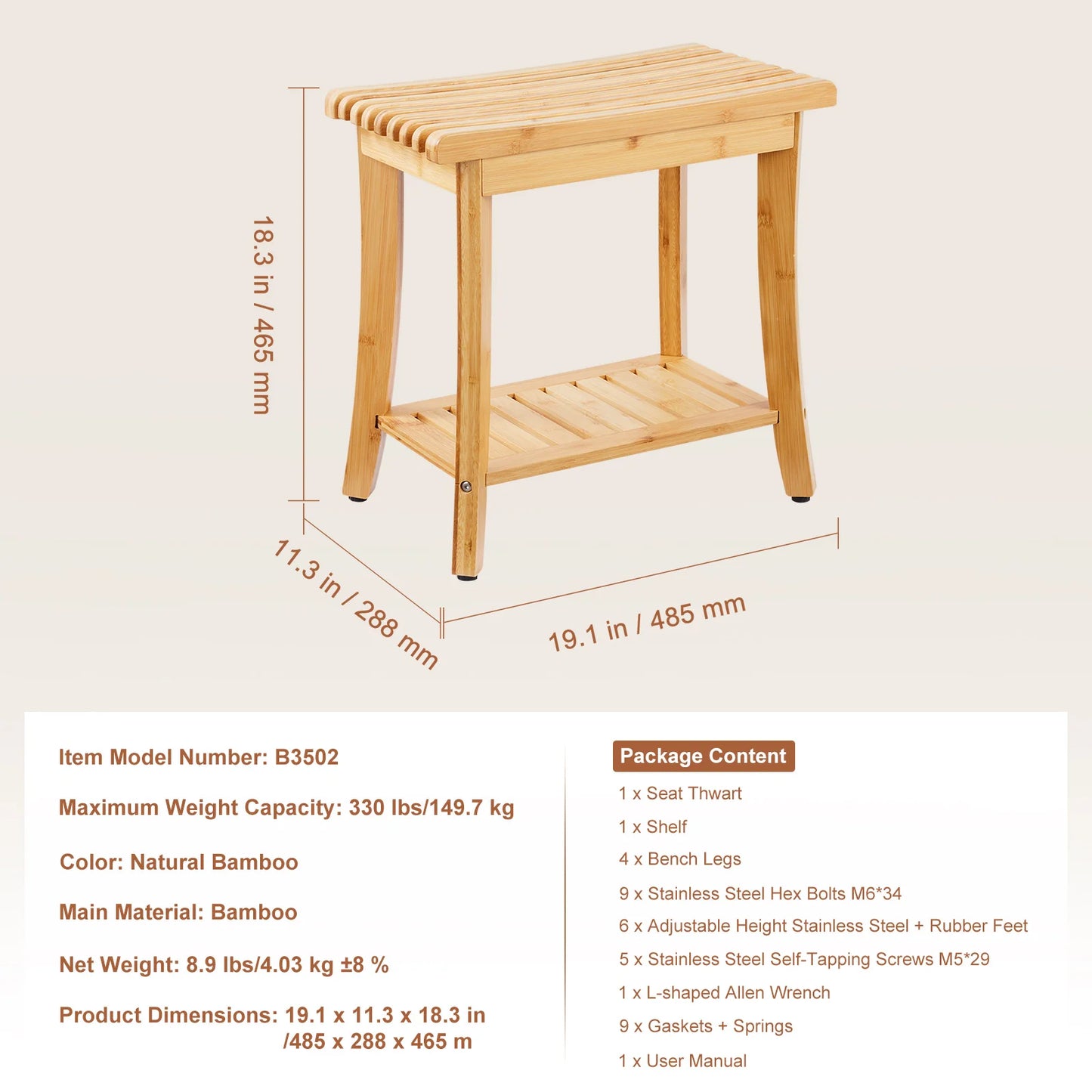 SucceBuy Bamboo Shower Bench With Storage Shelf Waterproof Spa Seat