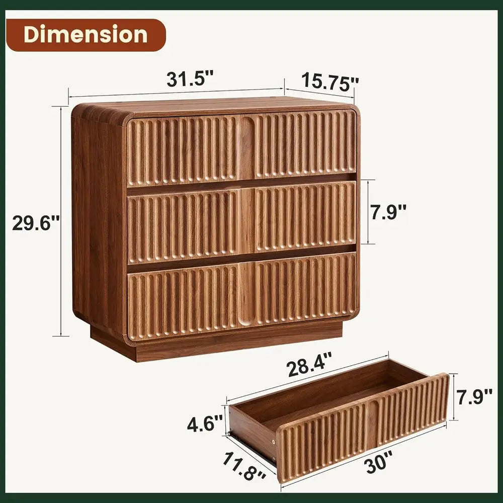 Fluted 3 Drawer Dresser, Mid Century Modern Wood Bedroom Furniture