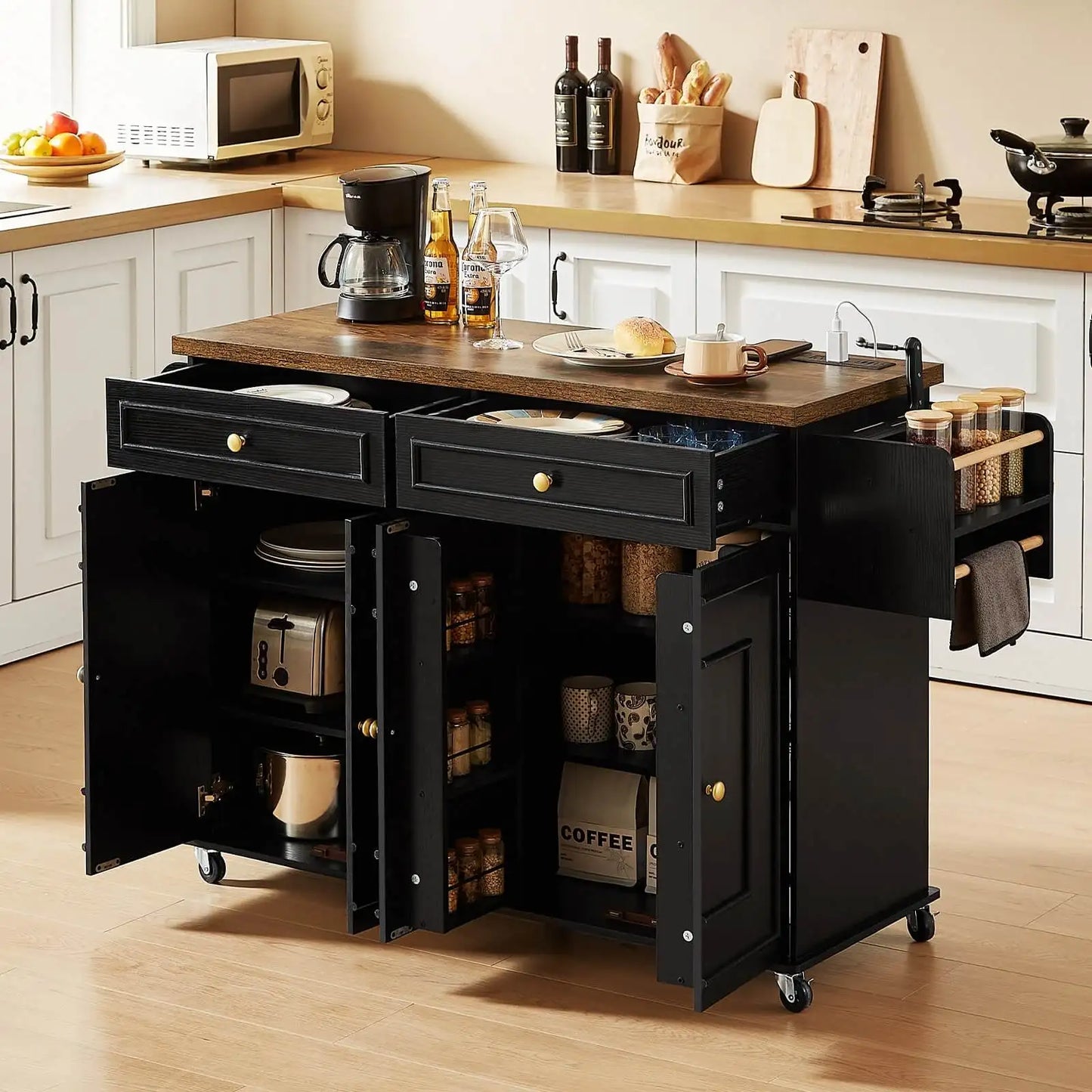 Mobile Kitchen Island With Drop Leaf Power Outlet Spice Rack