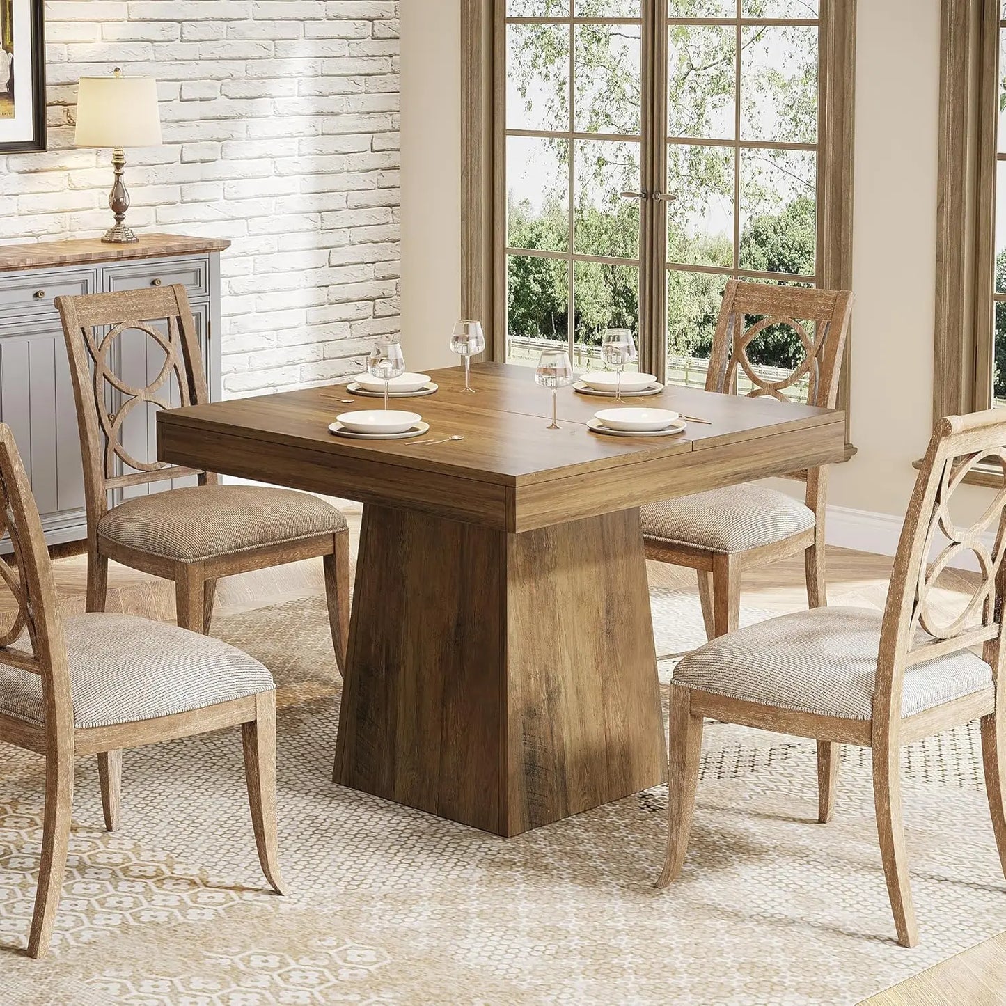 Square Dining Table for 4, Small Kitchen Table with Sturdy Pedestal Base, Farmhouse Dinner Table for Dining Room, Living Room