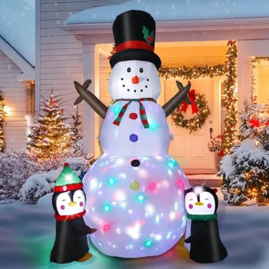 Oloey Outdoor Inflatable Snowman Decoration With Penguins And Colorful Lights