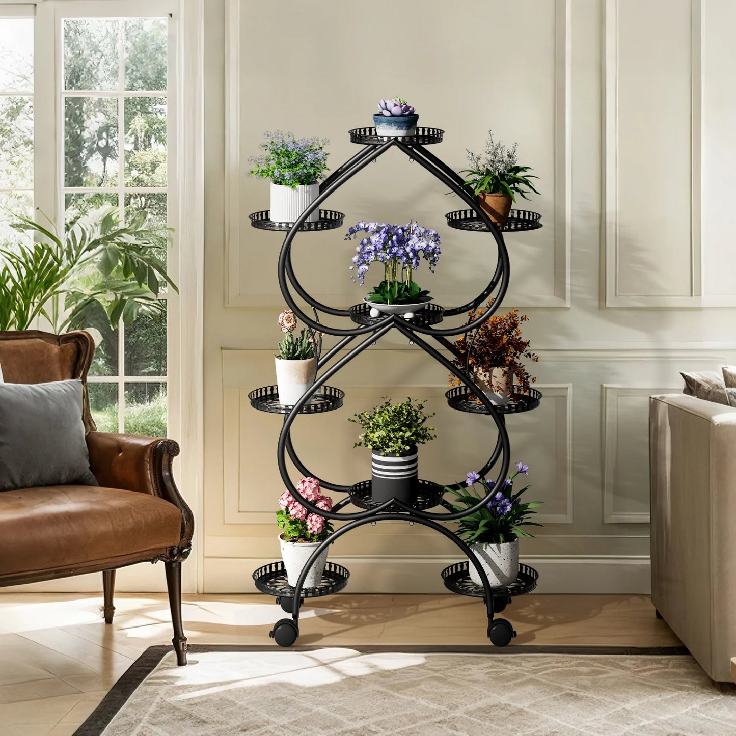 Metal Plant Stand On Wheels With Nine Pots