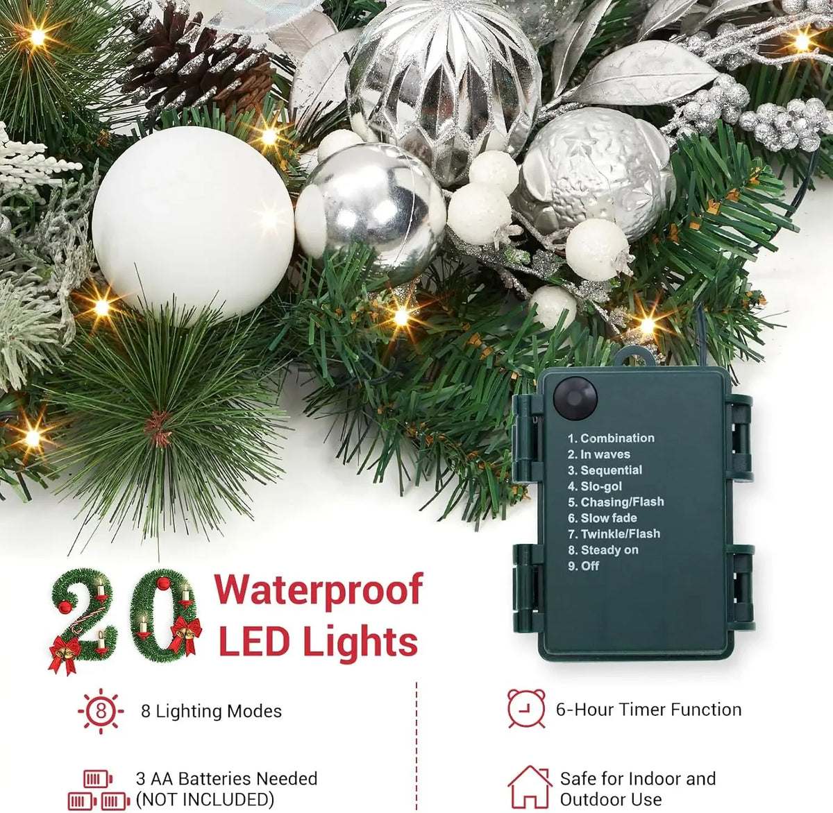 Garvee Lighted Christmas Garland With Timer And Decorative Ornaments