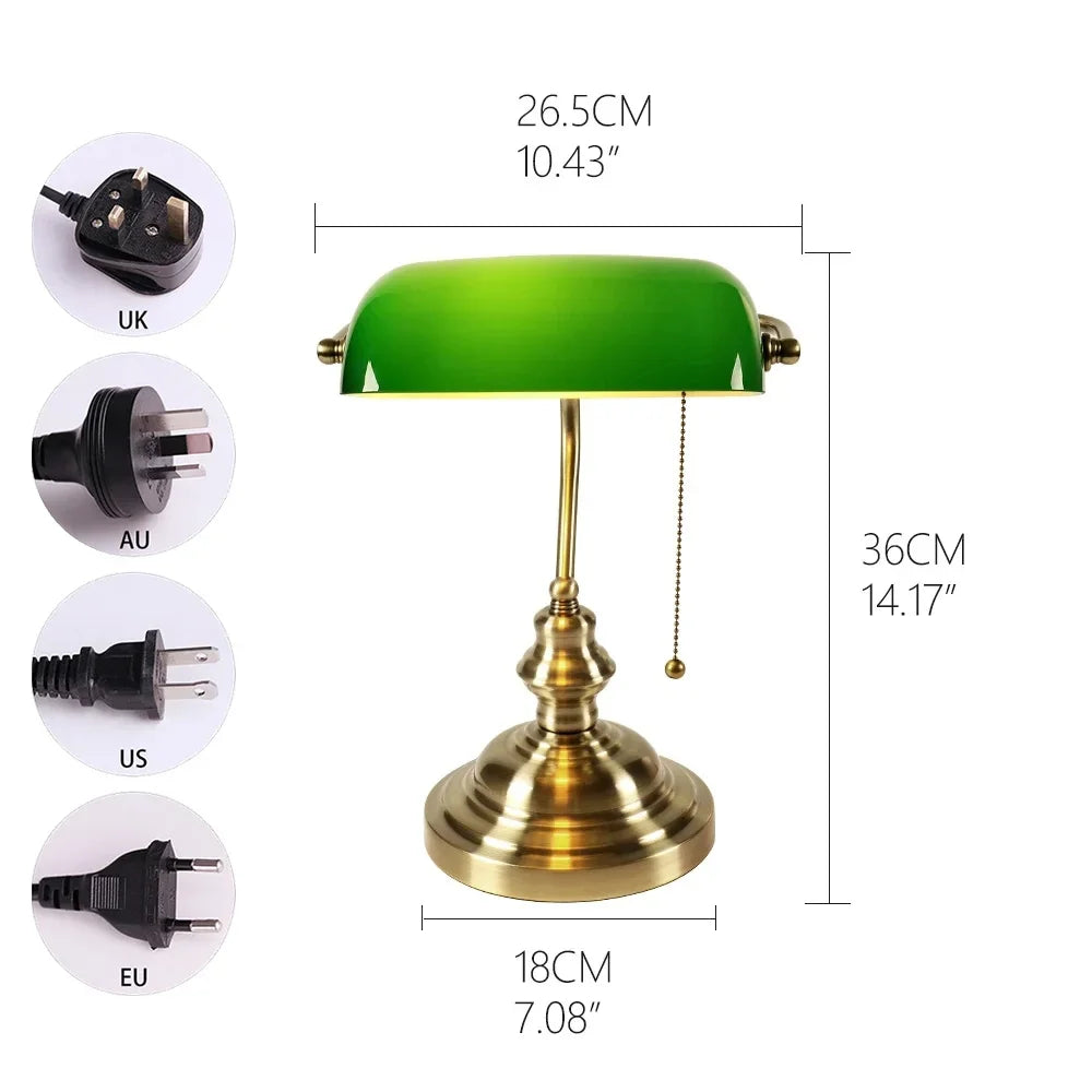 Glass Banker Desk Lamp With Zipper Switch For Home Office
