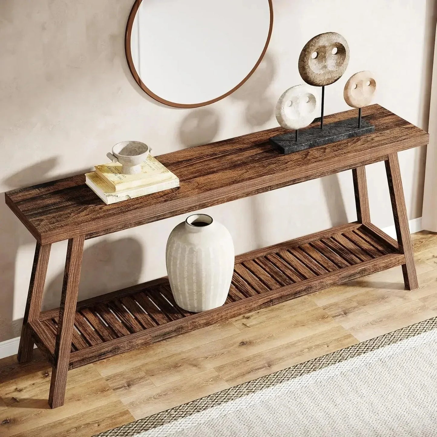 70.9 Inches All Wood Console Table for Entrance, 2 Tiers Narrow Long Behind Couch Sofa Table for Hallway, Living Room, Brown