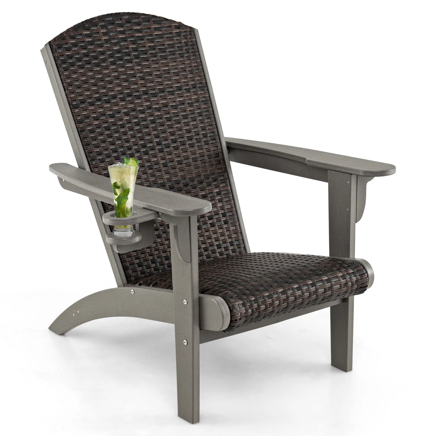 LIFEZEAL Patio Adirondack Chair With Rattan Padded Seat And Cupholder