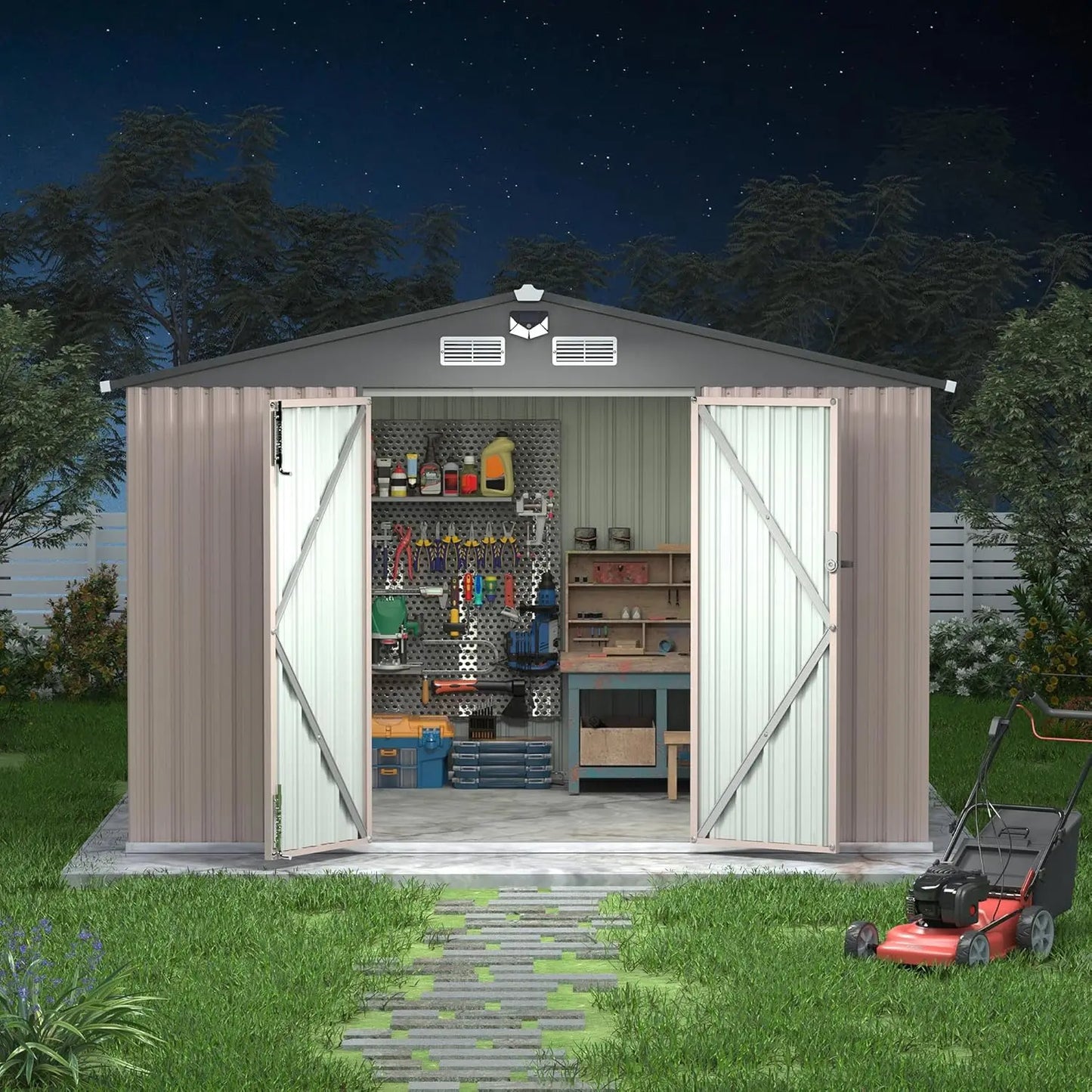 Outdoor Metal Storage Shed With Solar Light And Lockable Door