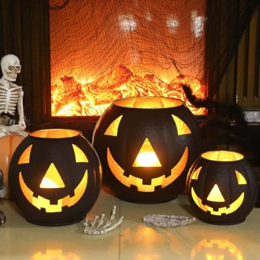Halloween Metal Jack O Lantern Decor Set With LED Candles