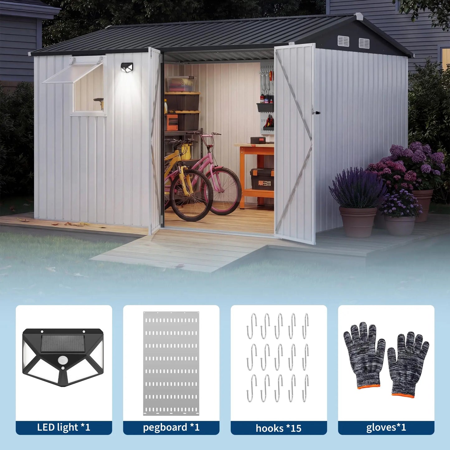 HiMISS Steel Garden Storage Shed With Sloped Roof Lockable Doors Vents Window