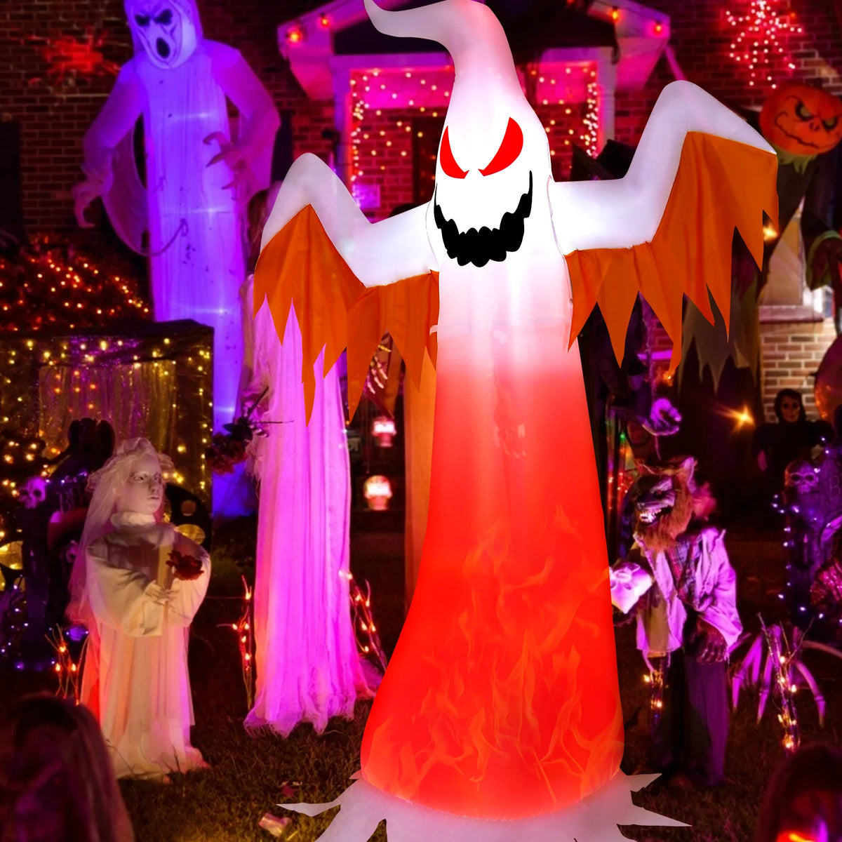 LIFEZEAL Halloween Inflatable Ghost With Rotating Flame LED Lights