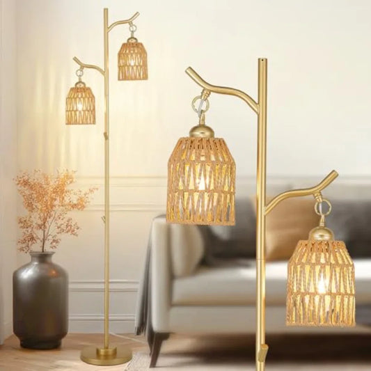 Boho Floor Lamp 2 Light Farmhouse Rattan Tall Floor Lamp for Living Room Foot Switch Vintage Standing Tree Lamp for Bedroom Off