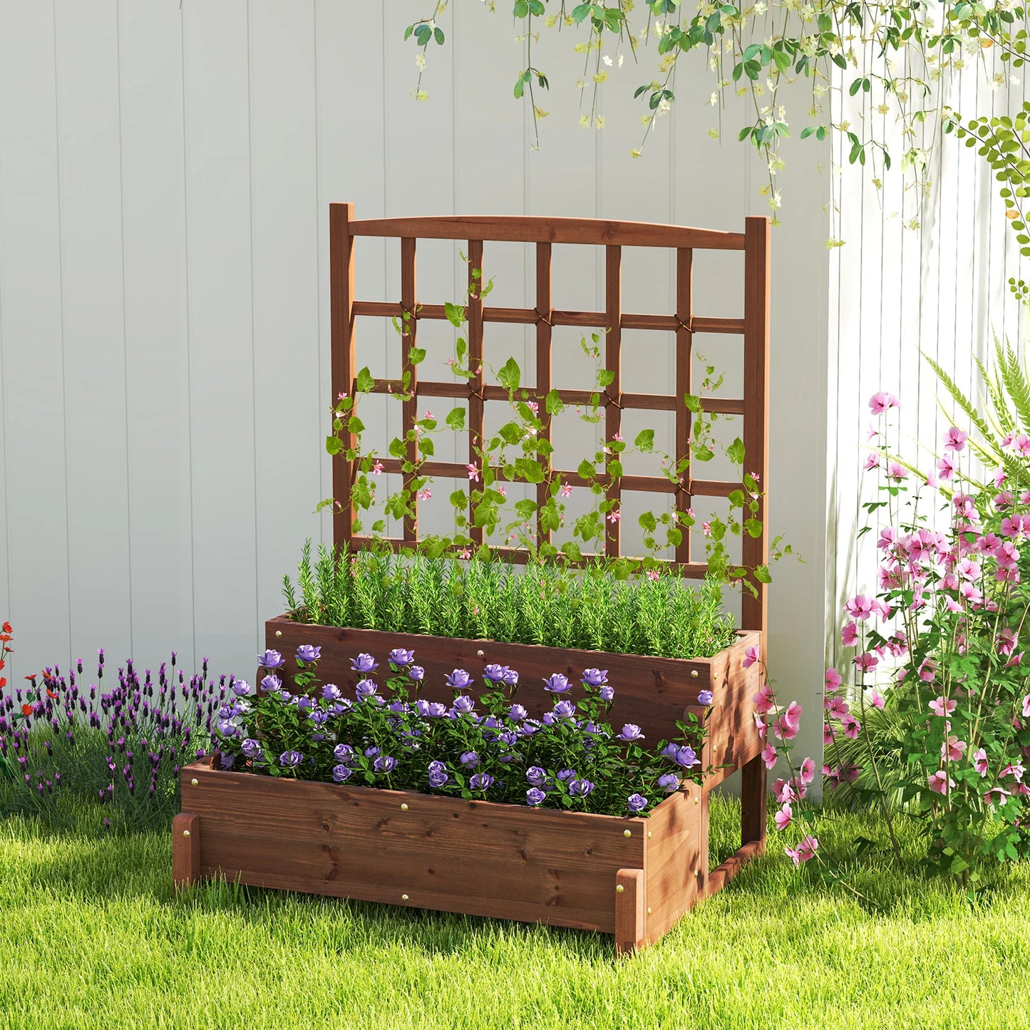 Raised Garden Bed with Trellis w/ Drainage Holes Legs Twisting Rope for Backyard