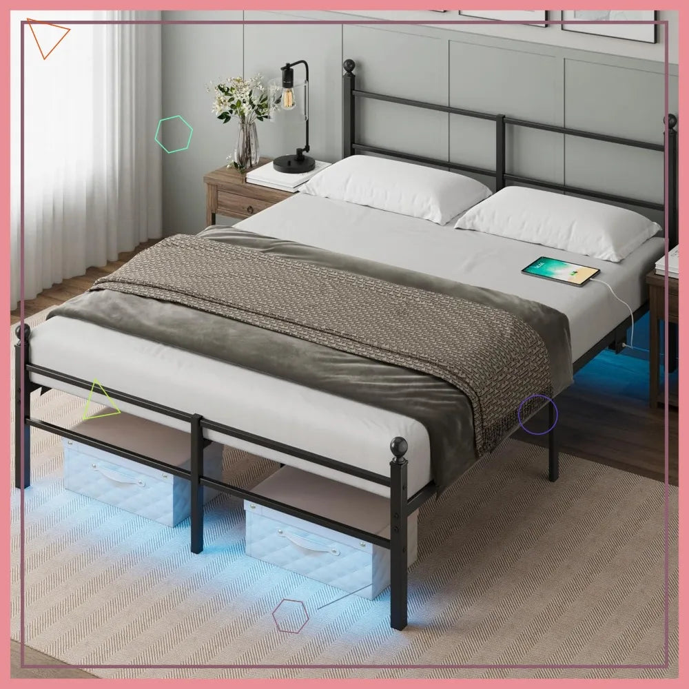 Full Size Bed Frame with LED Lights, Charging Station & Under Bed Storage - Heavy Duty Metal Platform, Easy Assembly, Black
