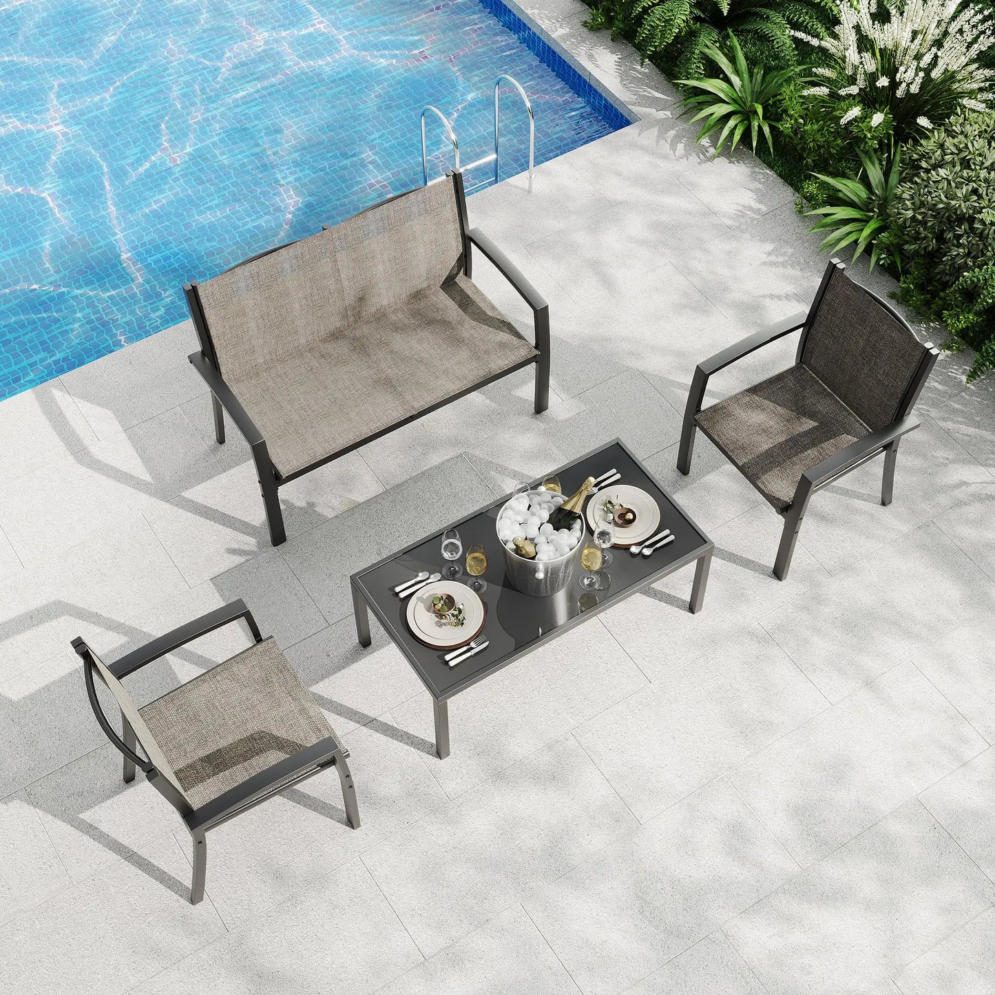 HobbyLane Modern 4 Piece Metal Patio Set With Mesh Seating