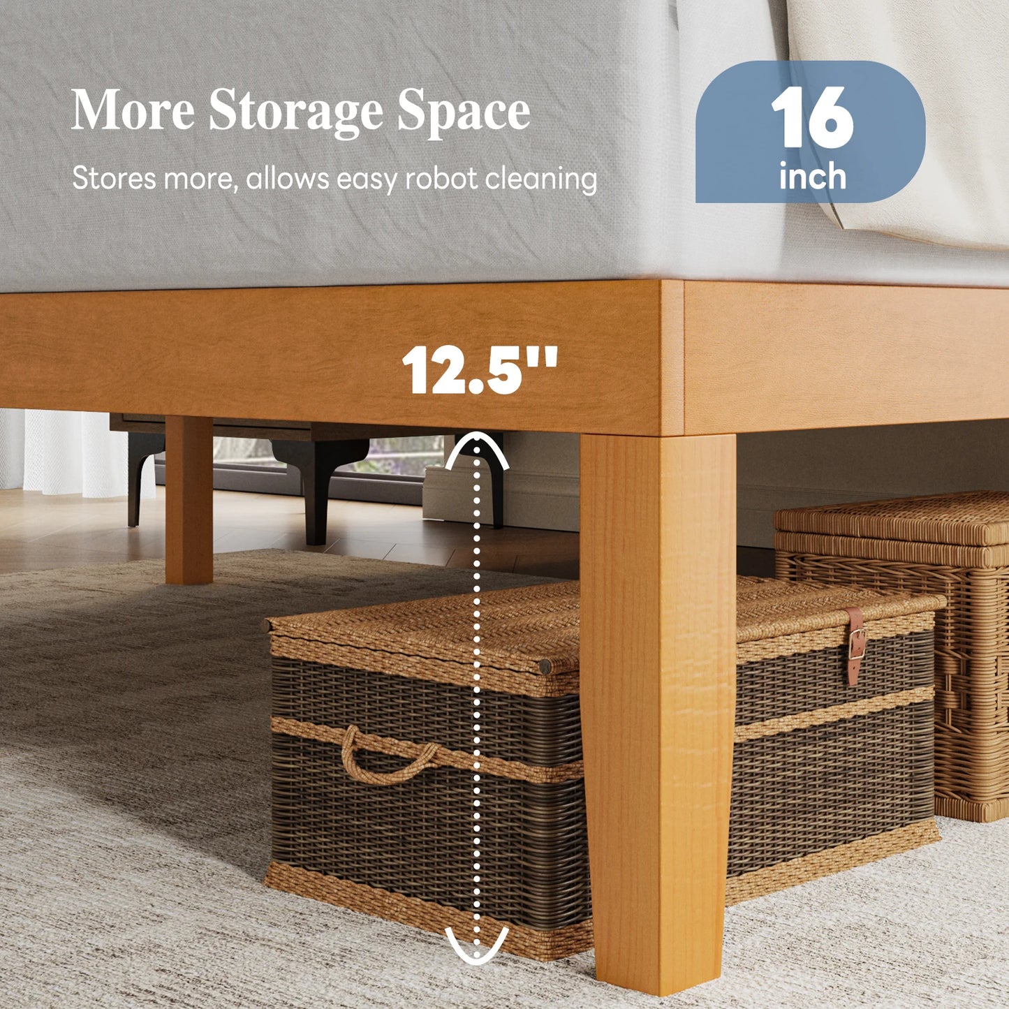 JHK Solid Wood Bed Frame With Sturdy Slat Support 500Lb