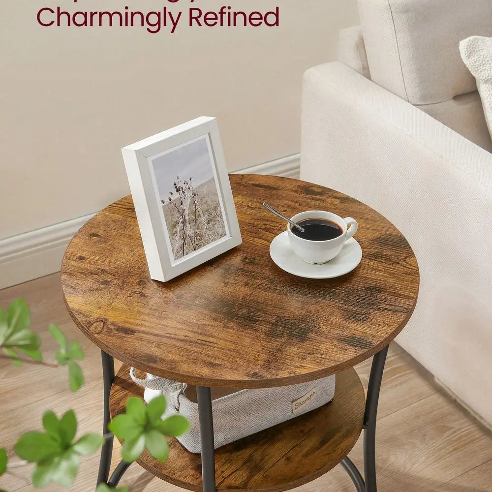 Round End Table With Steel Frame And Two Shelves For Living Rooms
