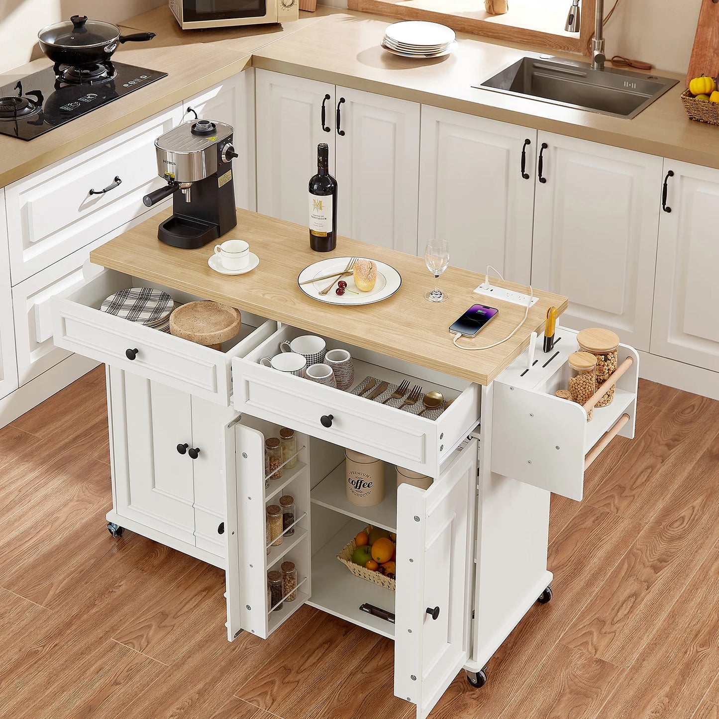 Mobile Kitchen Island With Drop Leaf Power Outlet Spice Rack