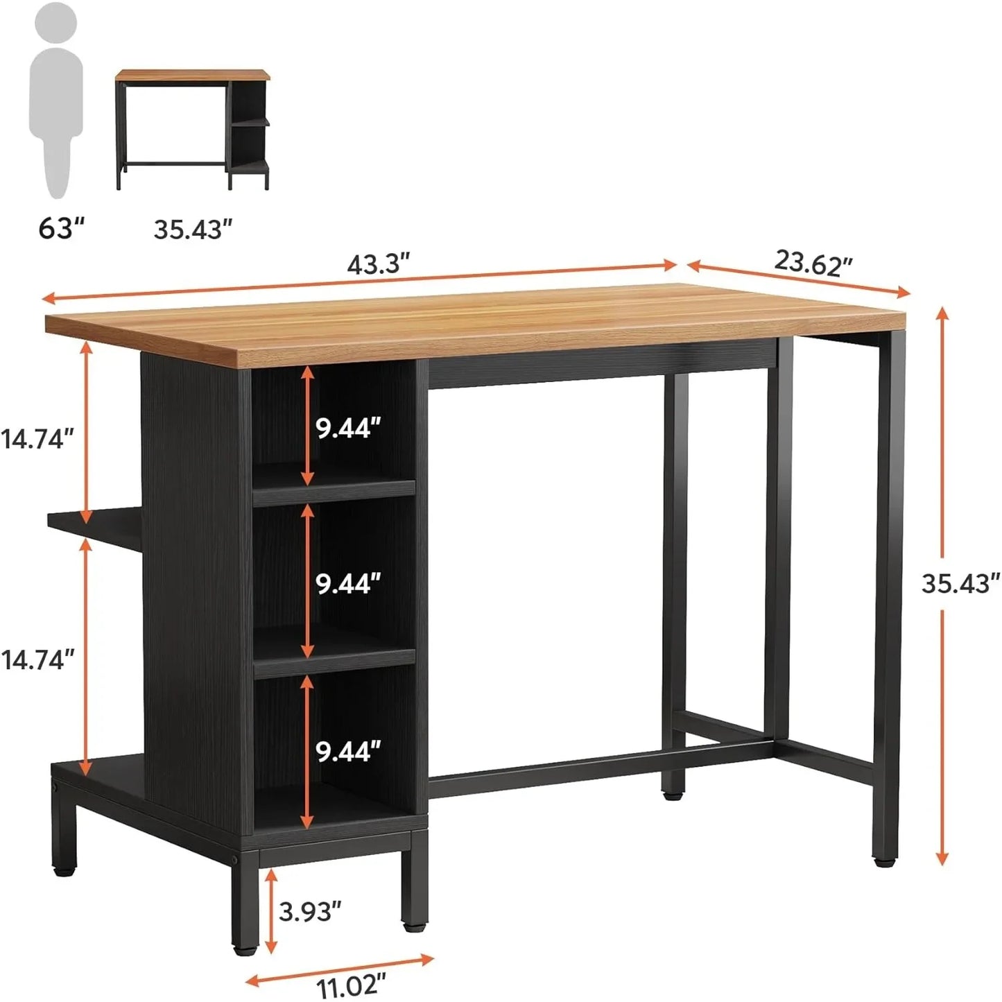 Kitchen Shelf Kitchen Bar Table with 5 Open Storage Shelves and Worktop, Industrial Butcher Block Island (Stools Not Included)