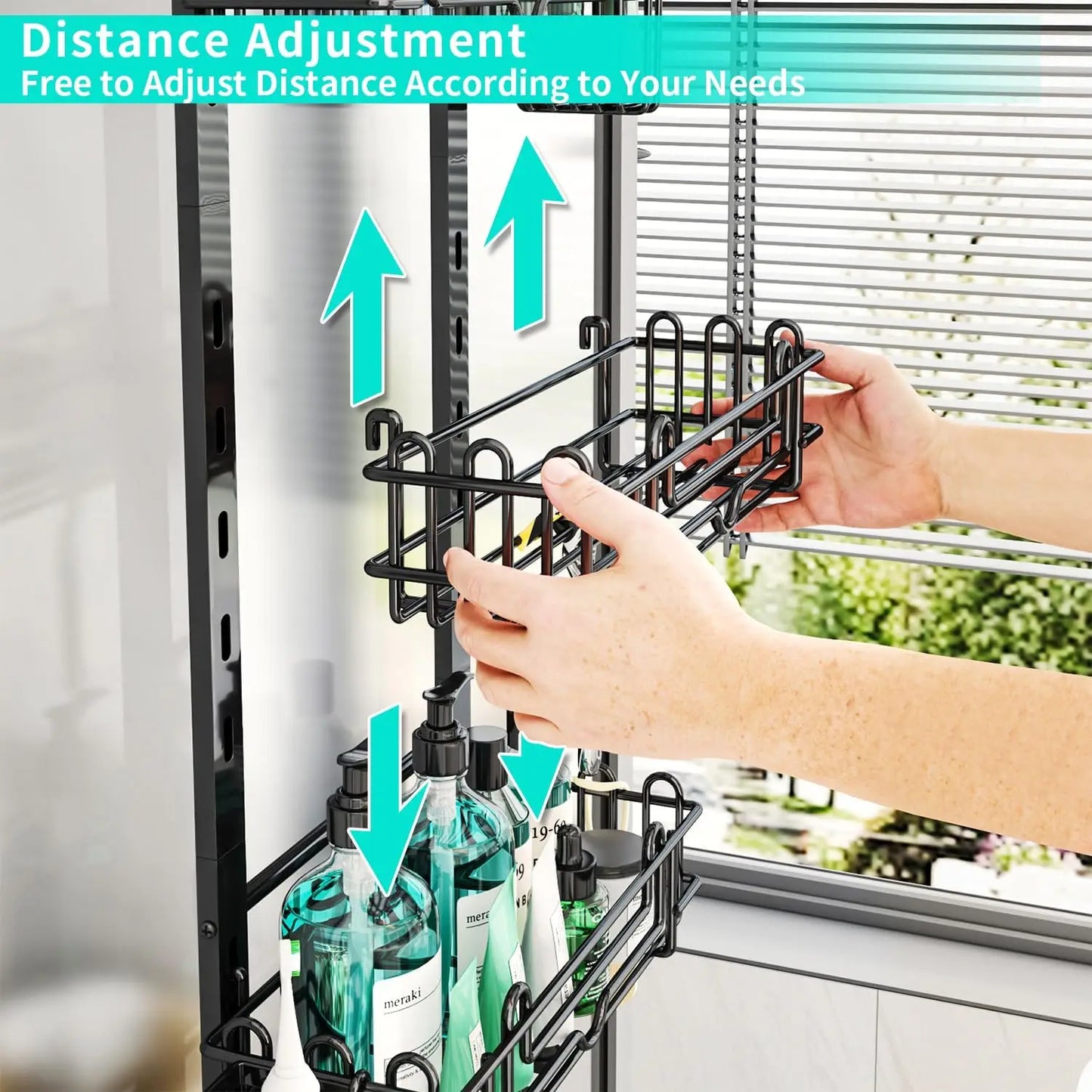4-Tier Adjustable Over-the-Door Shower Caddy with 22 Hooks, 2 Toothbrush Holders, No Drilling Needed - Black
