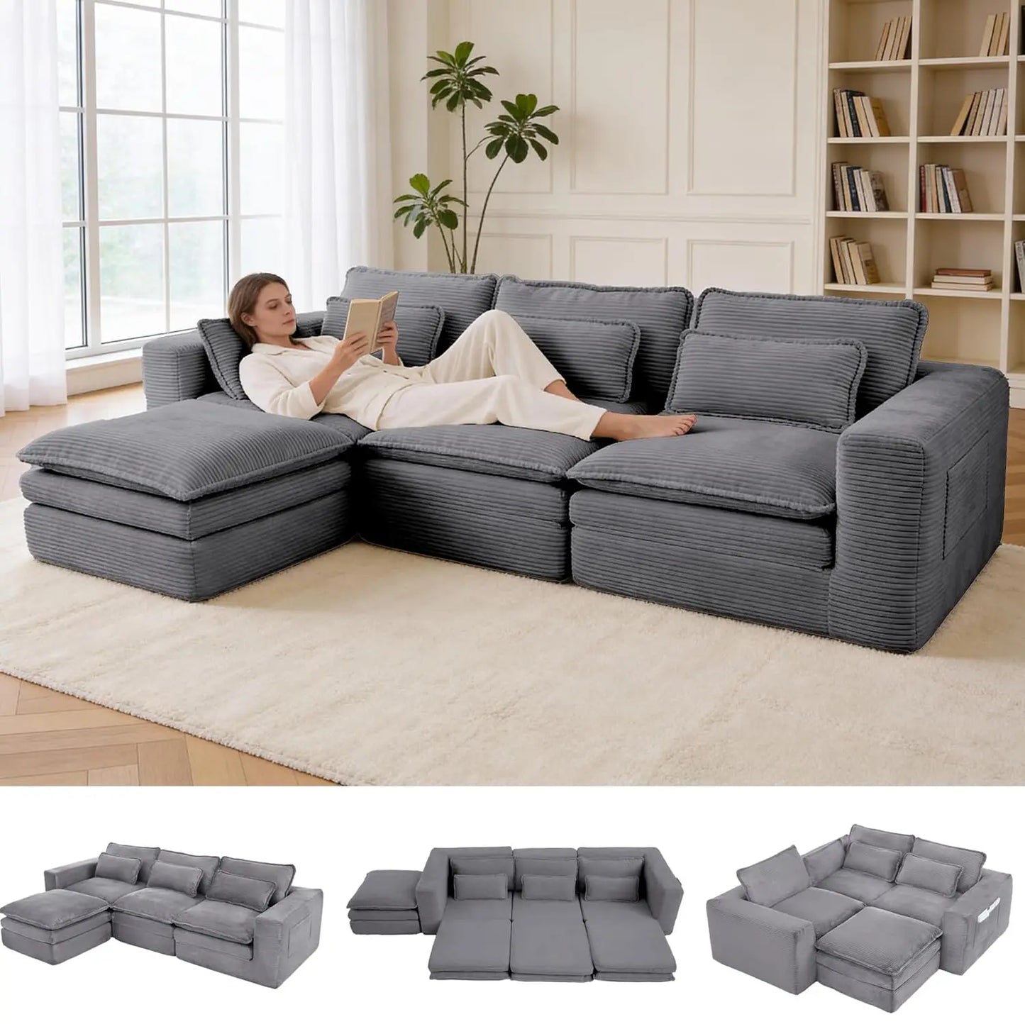 BIANXIANG L-Shape Modular Sectional Sofa With Ottoman Pull-Out