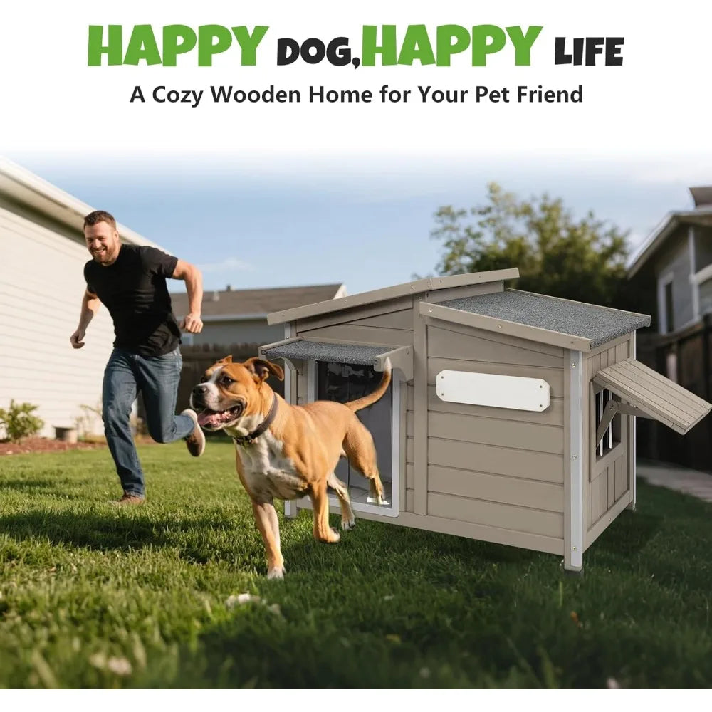 Outdoor Wooden Dog House Weatherproof With Vent Windows Removable Floor
