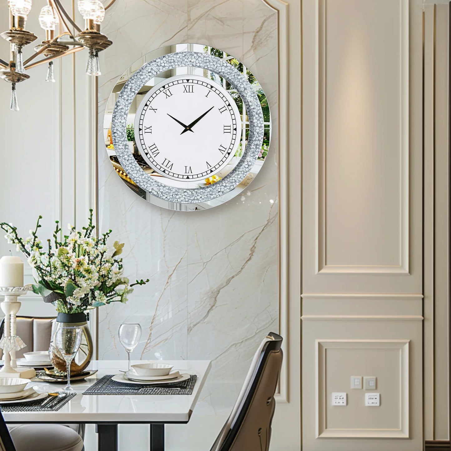 Round Mirror And Large Mirrored Wall Clock For Living Room