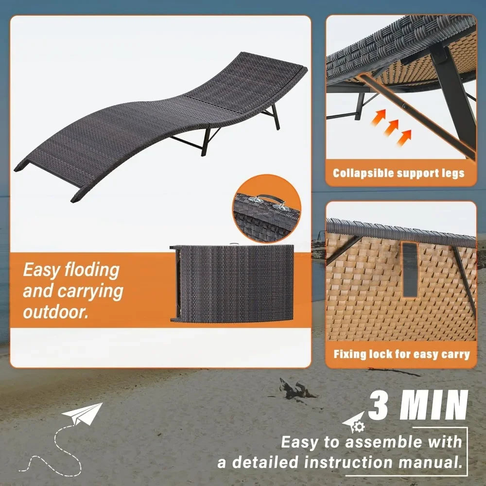 Patio Chaise Lounge Sets Outdoor Rattan Adjustable Back 3 Pieces Cushioned Patio Folding Chaise Lounge with Folding Table