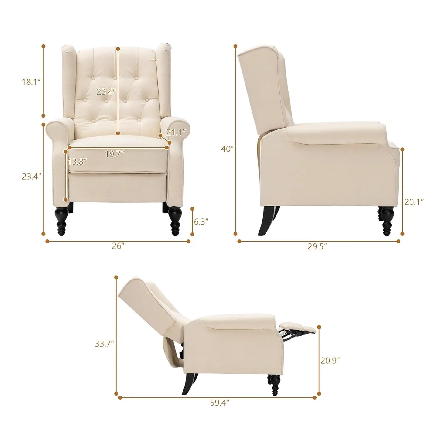 Mid Century Wingback Linen Recliner Chair Button Tufted For Adults