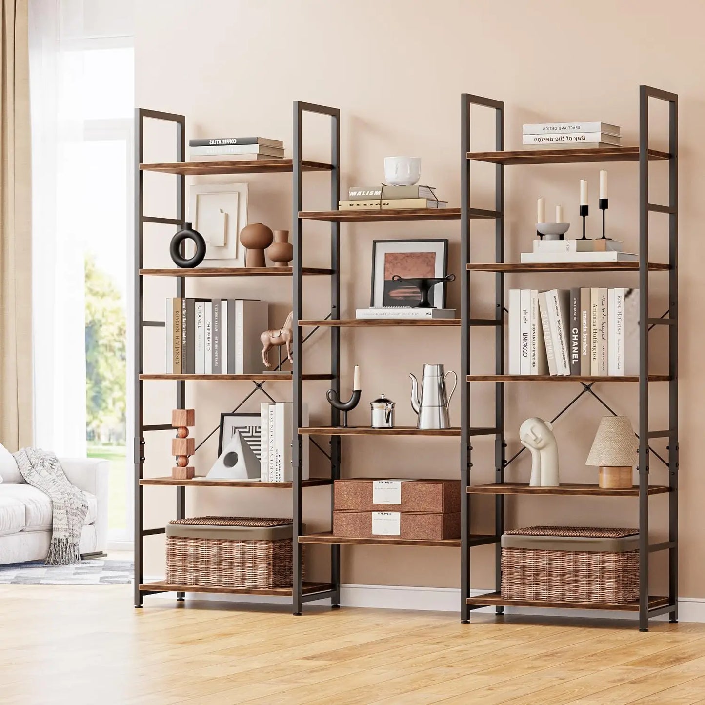 Wide 5 Tier Triple Bookshelf With 14 Open Display Shelves