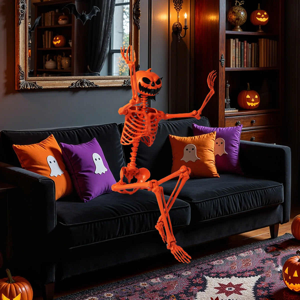 LIFEZEAL Poseable Pumpkin Head Skeleton Halloween Decoration Prop