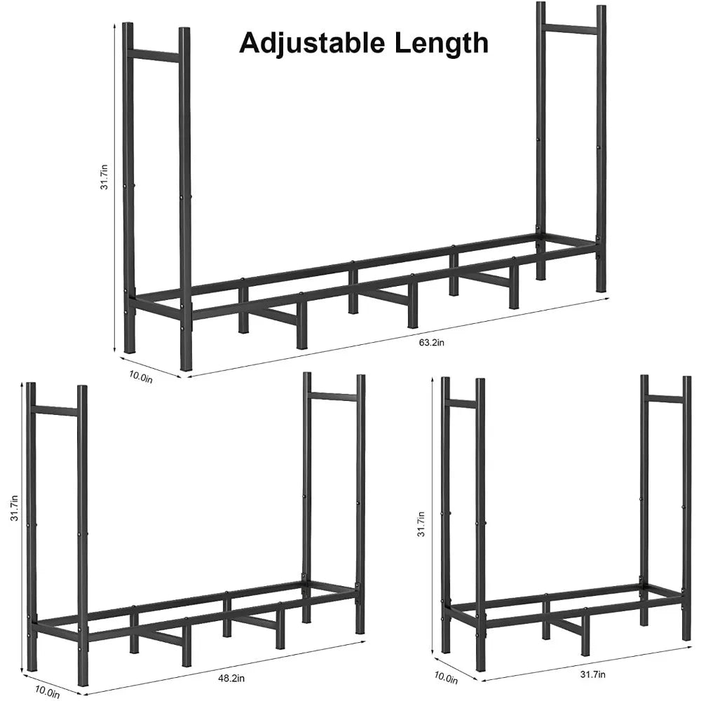 5.3FT Heavy Duty Firewood Rack Adjustable Metal Log Stacker Stand Outdoor Indoor