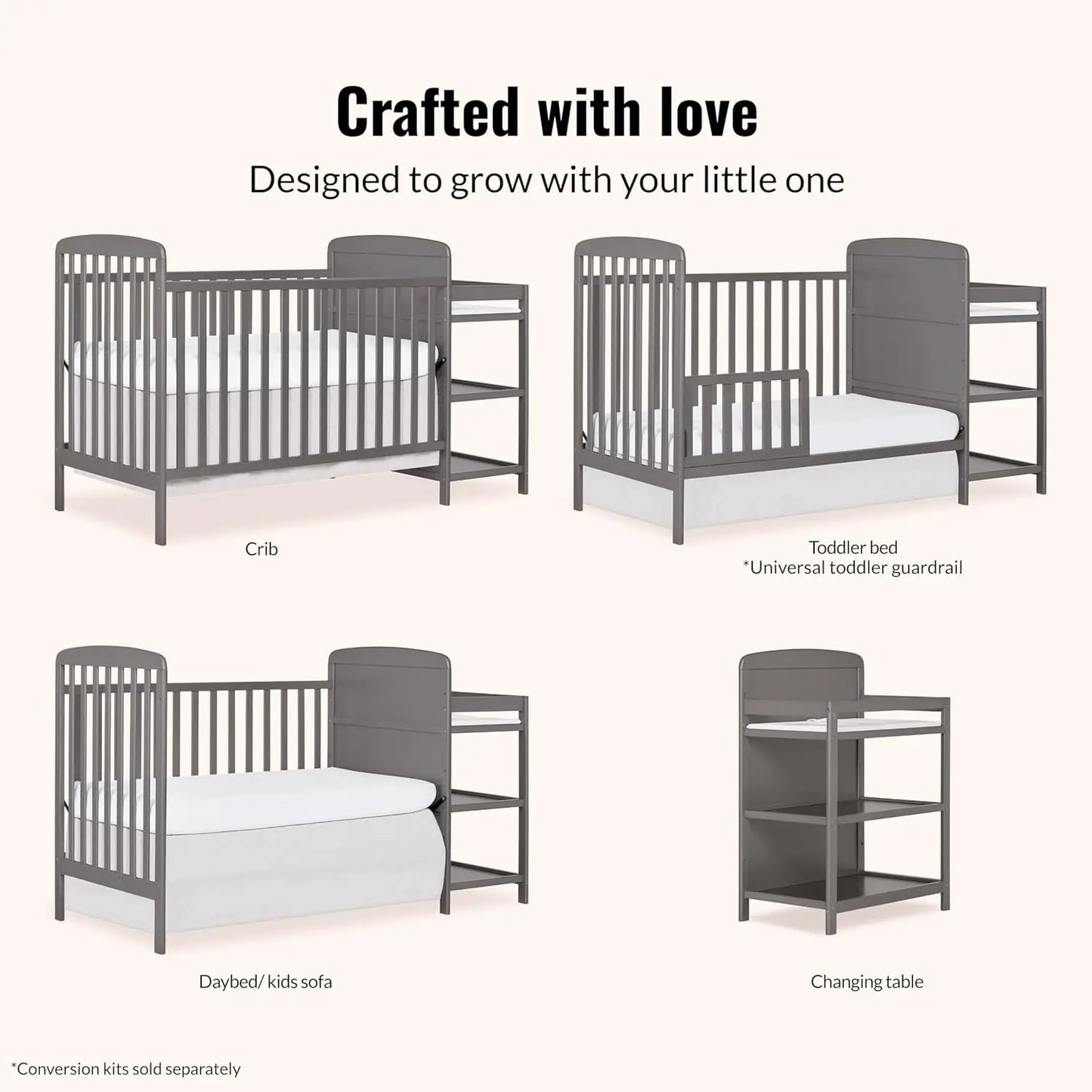 3-in-1 Convertible Baby Crib With Changing Table And Adjustable Mattress