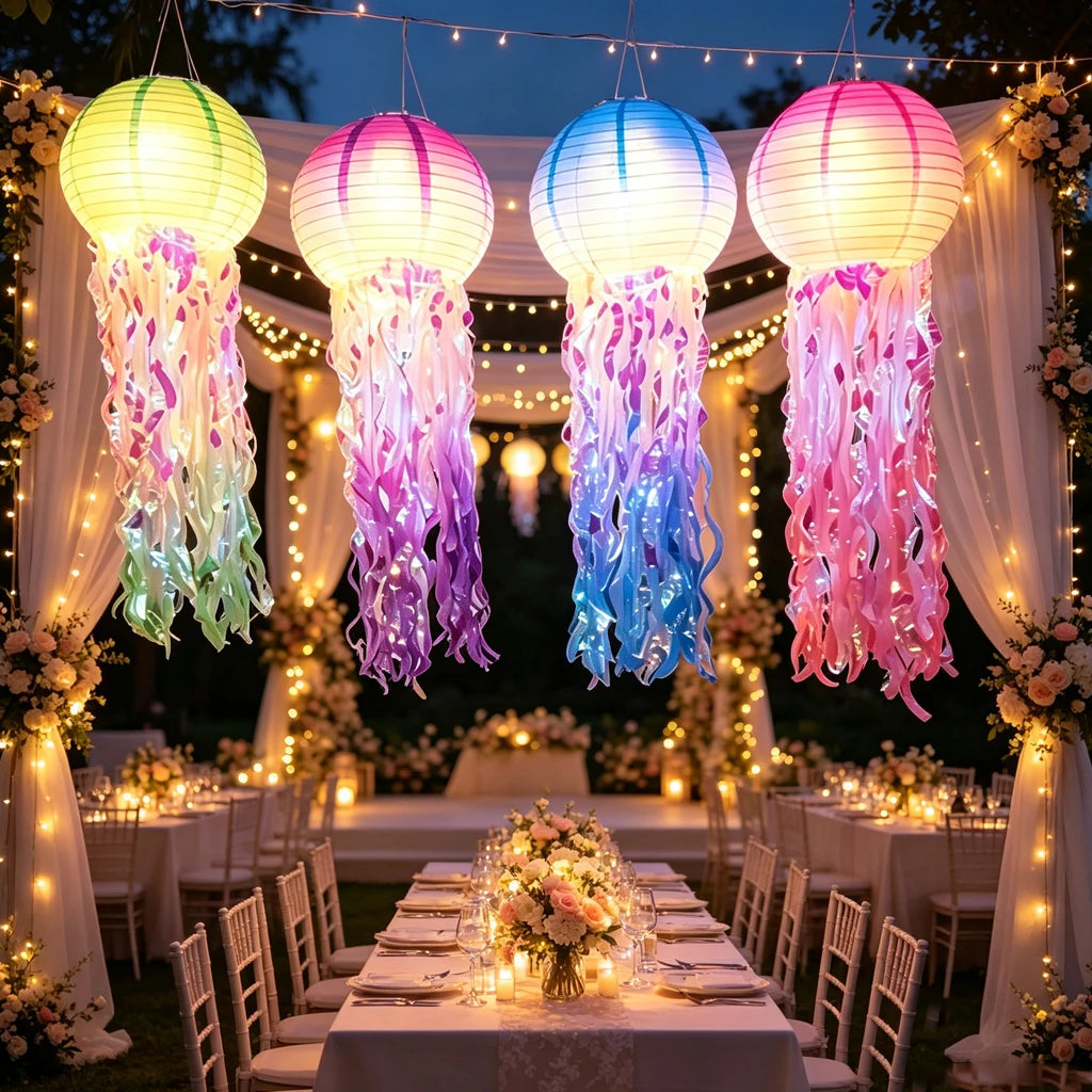 LED Jellyfish Paper Lanterns With Iridescent Tassels For Ocean Parties