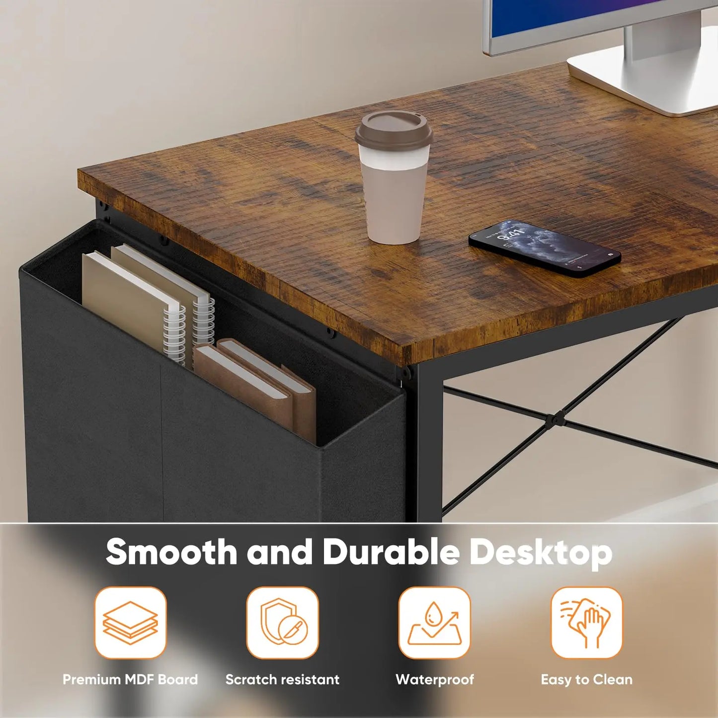 JHK 47 Inch L Shaped Desk with Storage Shelf Computer Table Gaming Wood Tables with Side Bag Adjustable Feet for Home Office