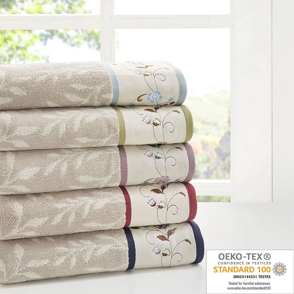 Luxurious Hundred Percent Cotton Bath Towel Set With Floral Embroidery