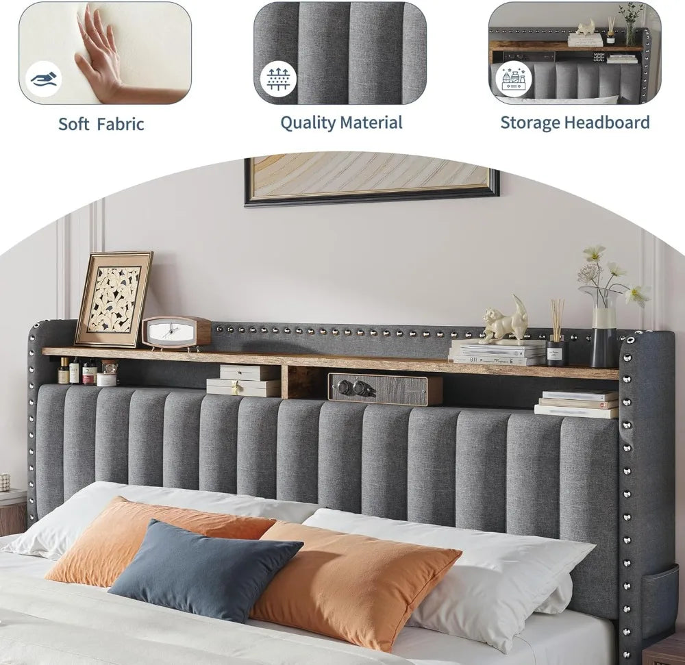 King Platform Bed Frame With Storage Drawers And Headboard Shelf